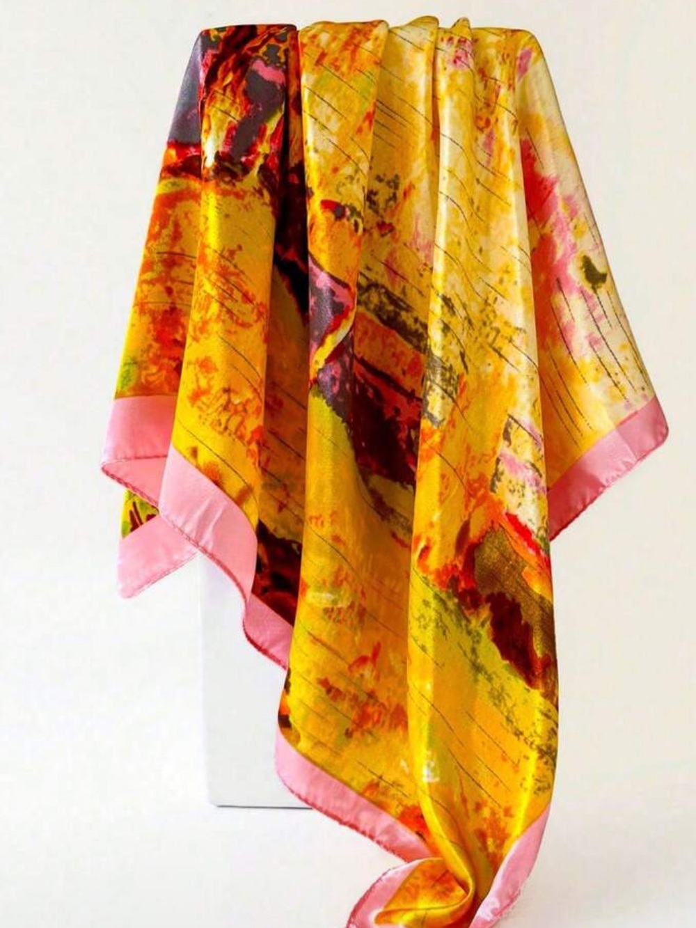 Silk-Feel Pink & Yellow Floral Square Scarf - Women Accessories - Picture 4 of 5